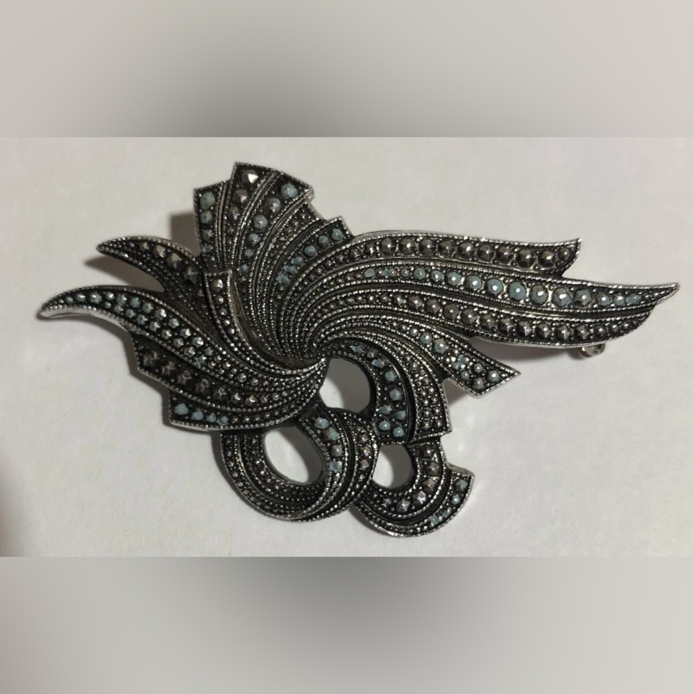 Vintage West Germany Steel-Cut Ribbon Flourish Brooch Silver Tone, 1950s